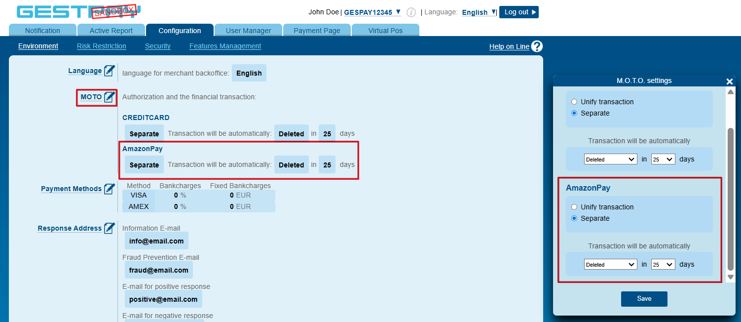 Configurazione MOTO per Amazon Pay