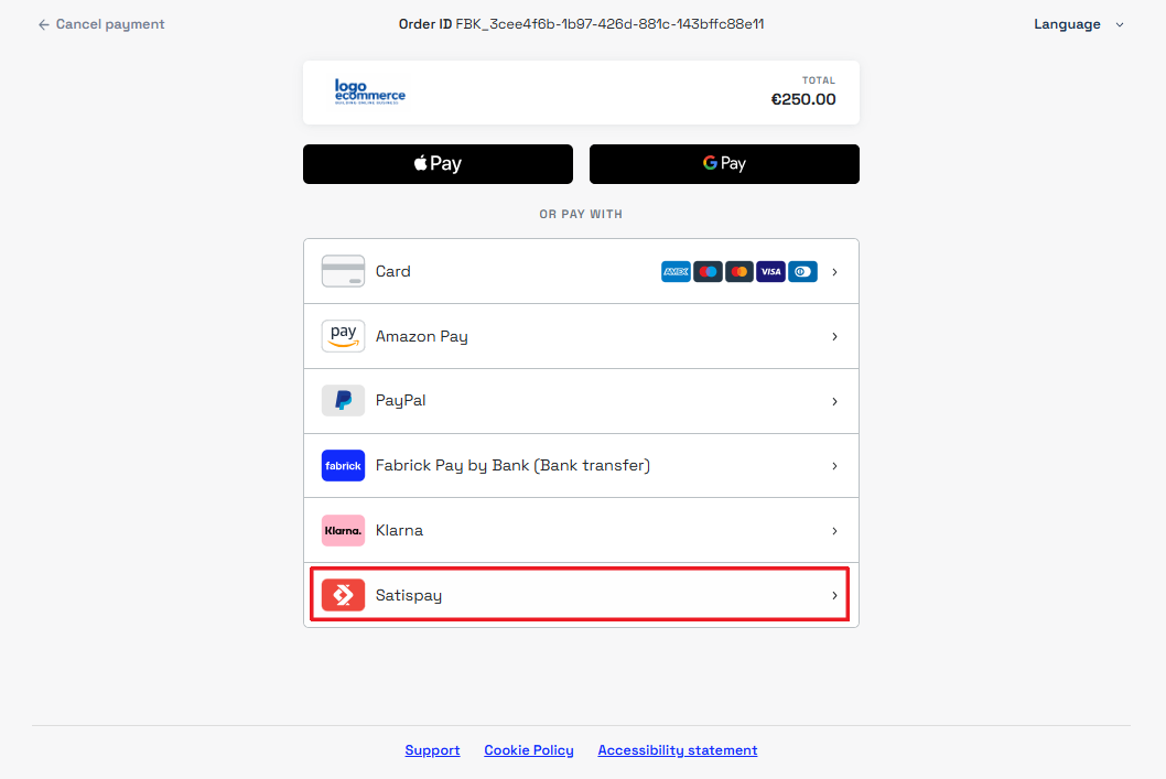 Pagina di pagamento con Satispay