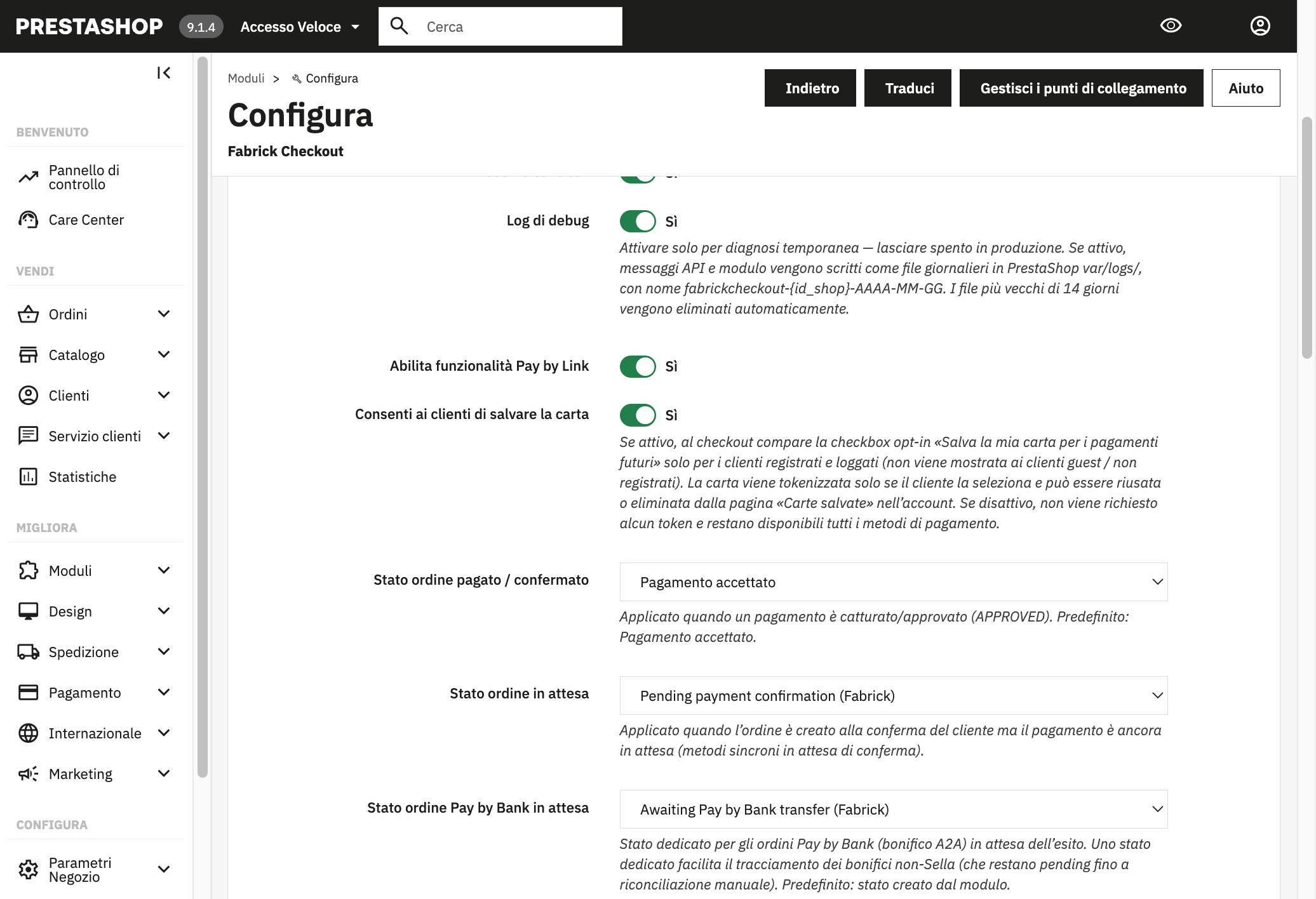 Opzioni funzionali del modulo Fabrick Checkout