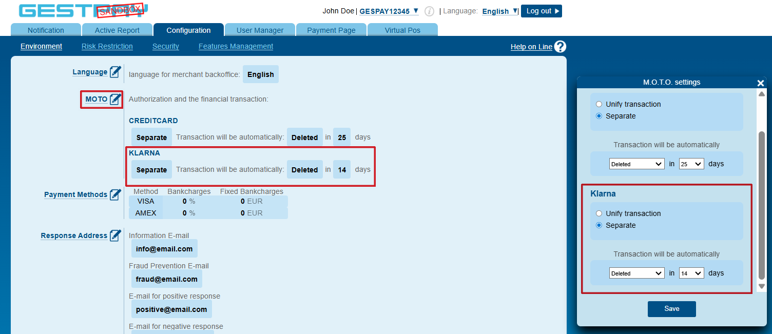 Configurazione MOTO per Klarna