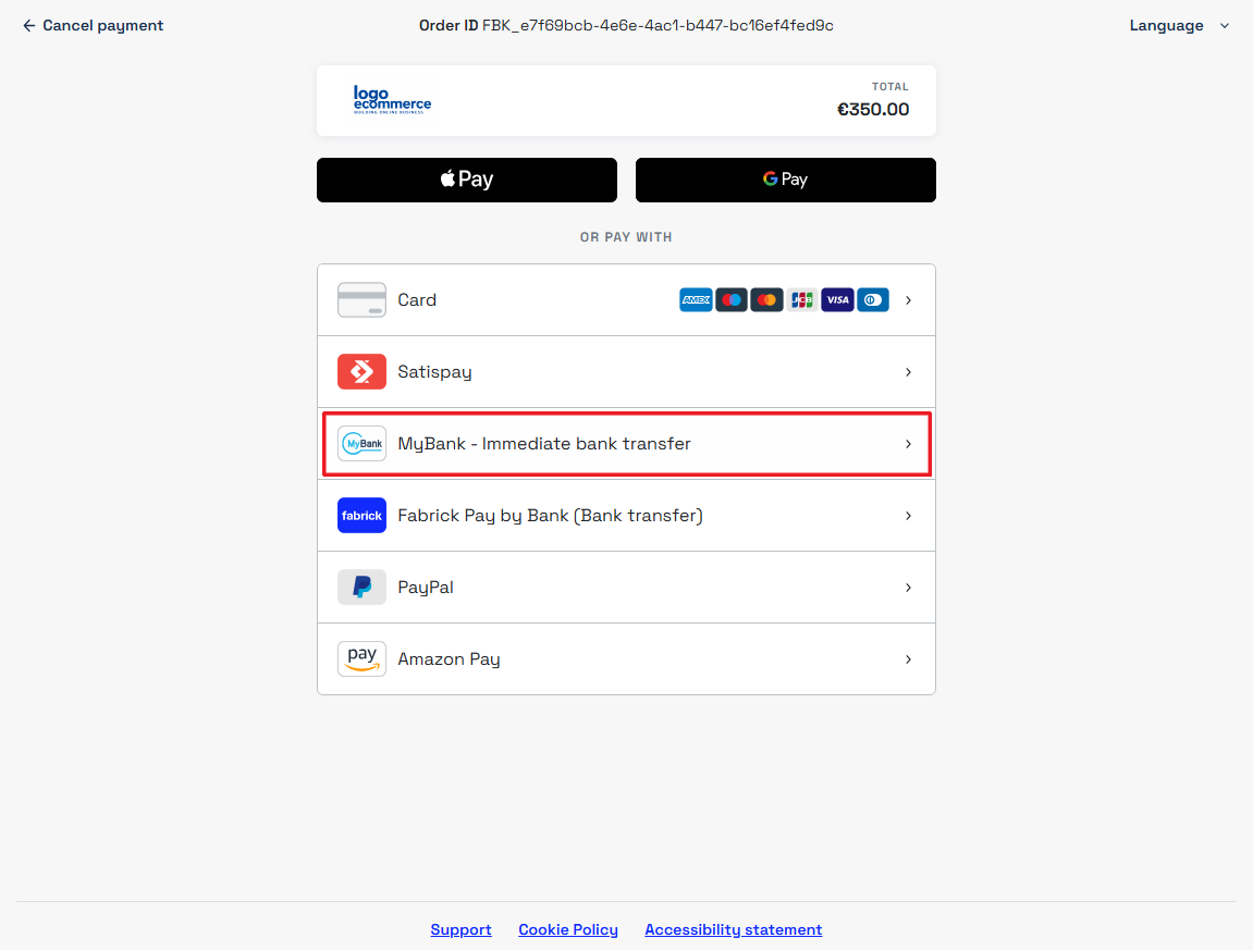 Pagina di pagamento Fabrick con MyBank