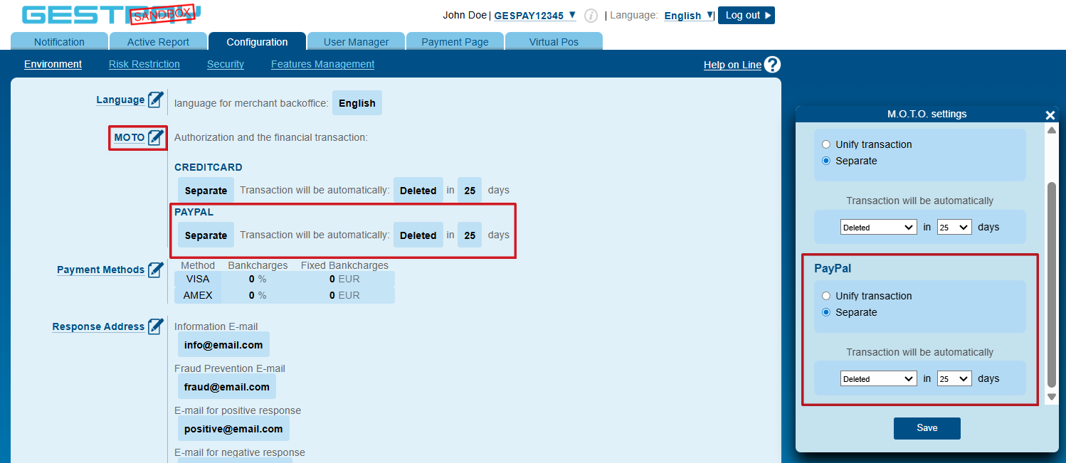 Configurazione MOTO per PayPal