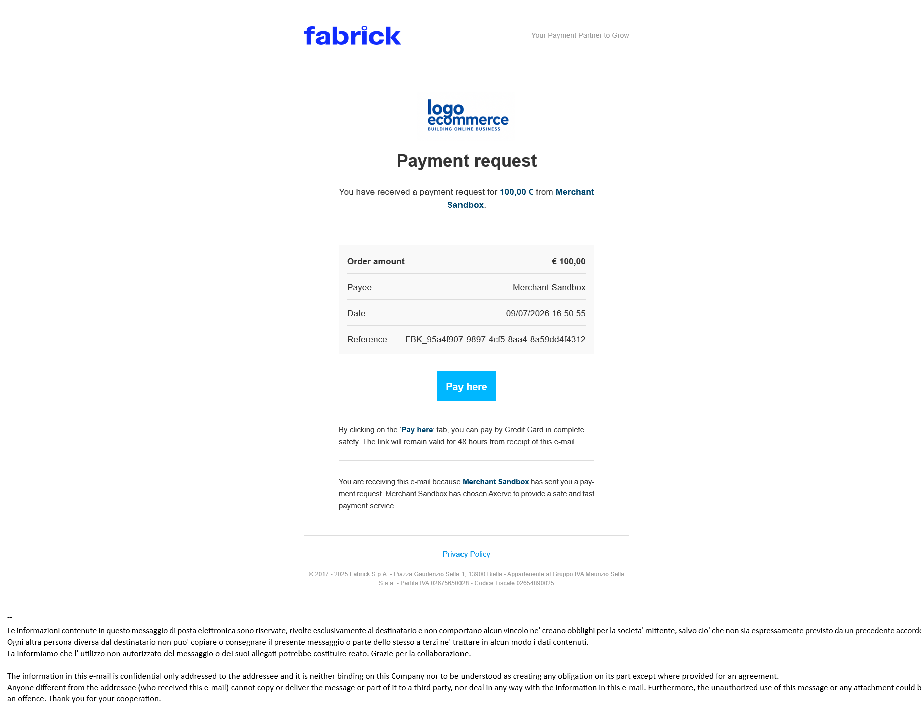 Email di richiesta di pagamento Pay By Link