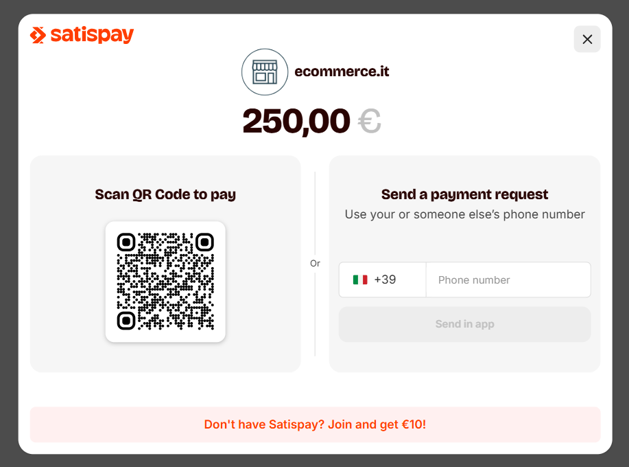 Pagina di pagamento con Satispay