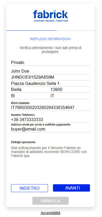 Pagina di sottoscrizione del mandato SDD: riepilogo dei dati inseriti