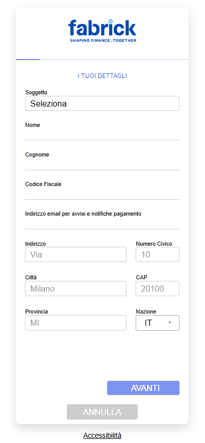 Pagina di sottoscrizione del mandato SDD: dati personali del buyer