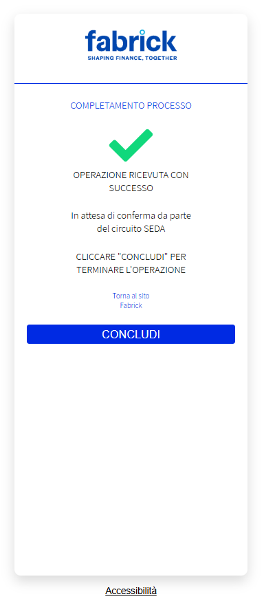 Pagina di conferma della sottoscrizione del mandato SDD