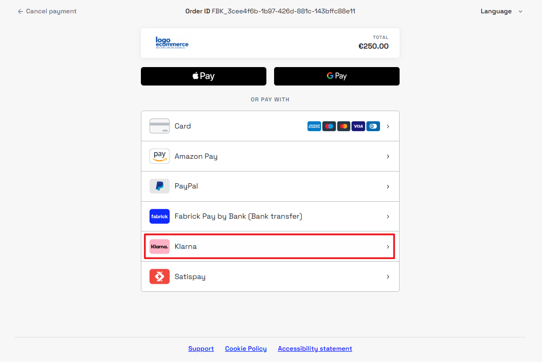 Pagina di pagamento con Klarna