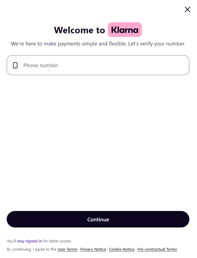 Pagina di pagamento con Klarna