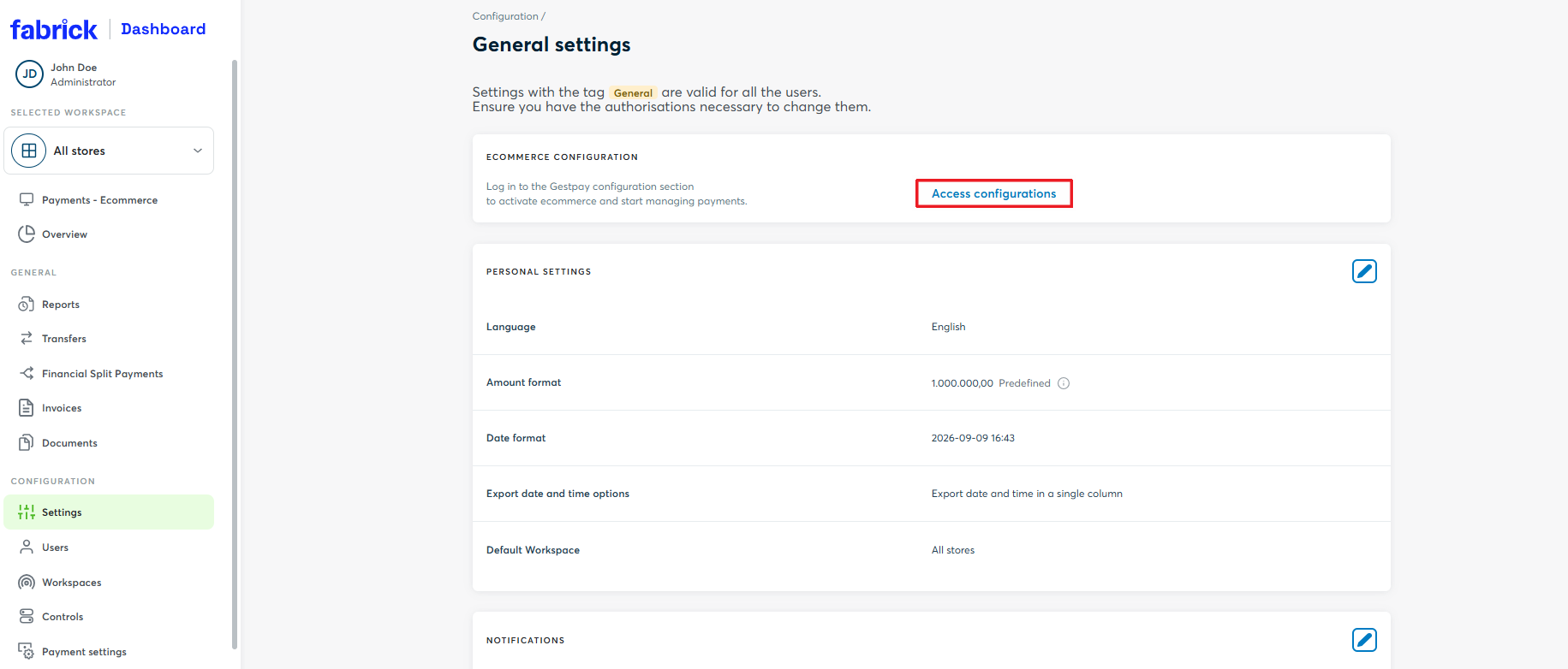 Accessing the configurations from the Dashboard