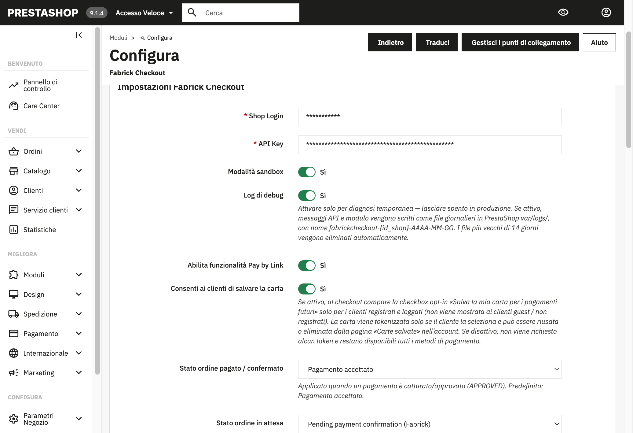 Fabrick Checkout module configuration