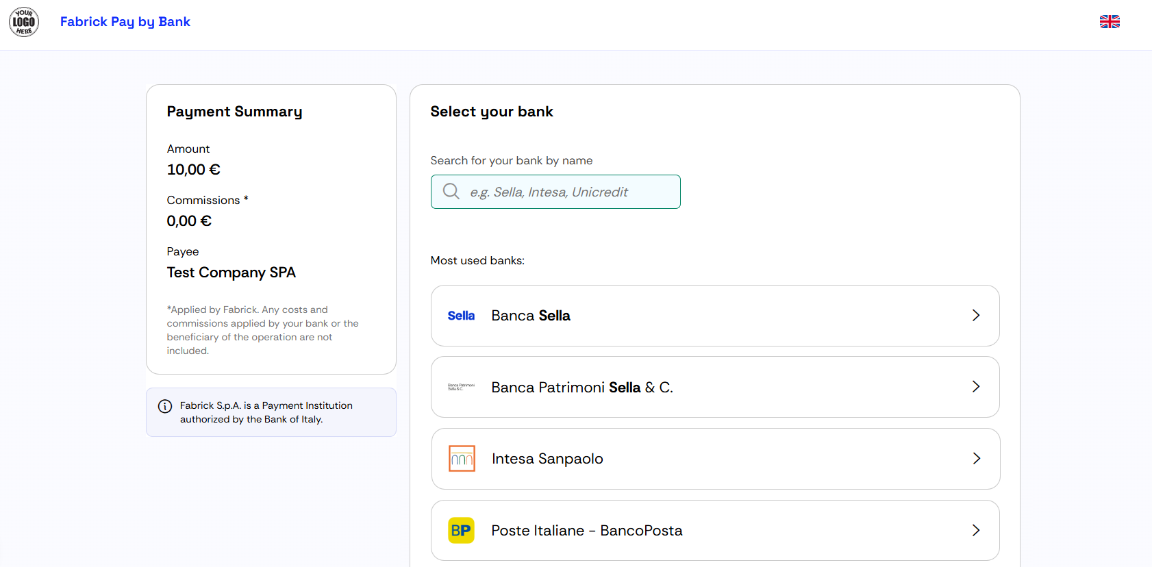Payment page with Pay By Bank
