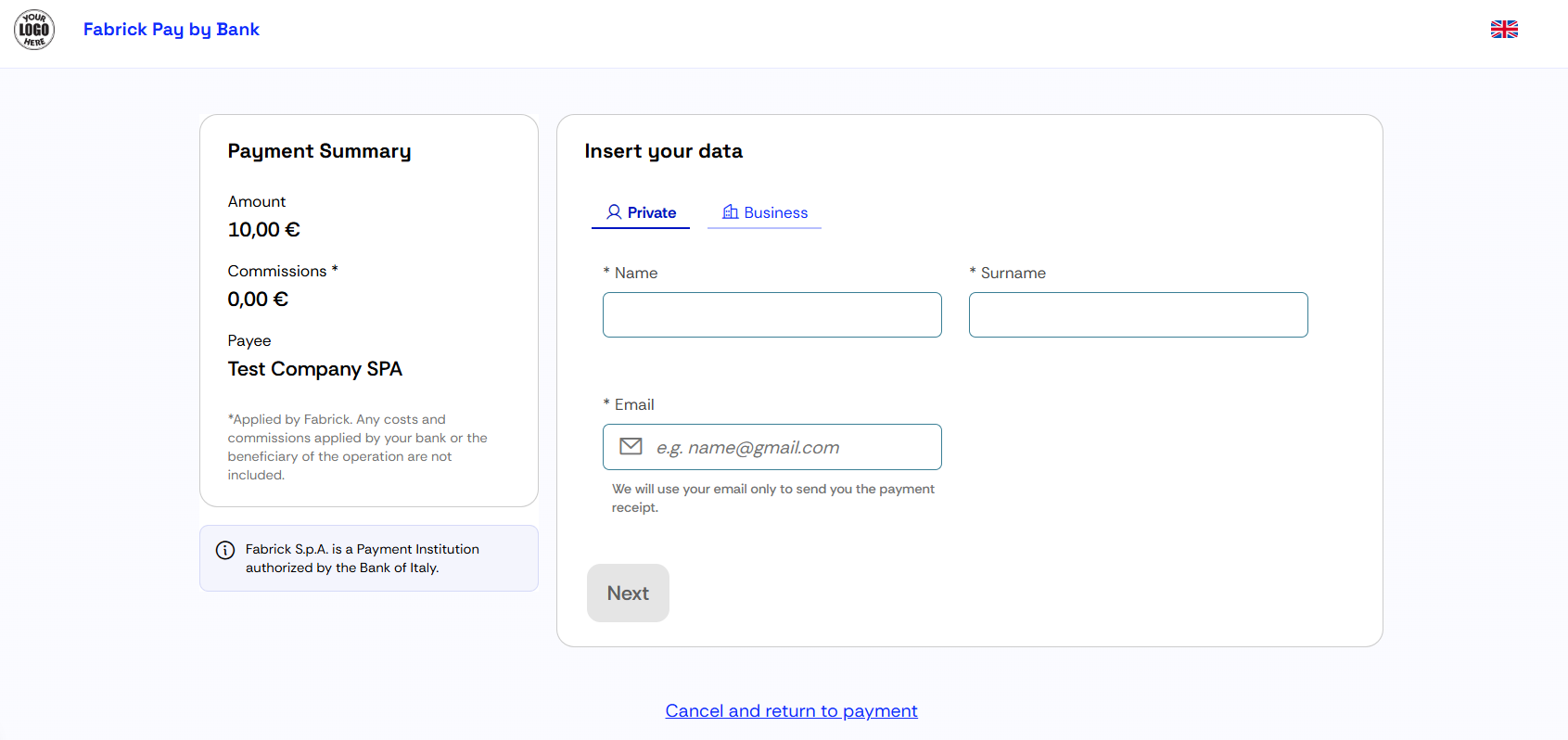 Payment page with Pay By Bank CustomerDetail