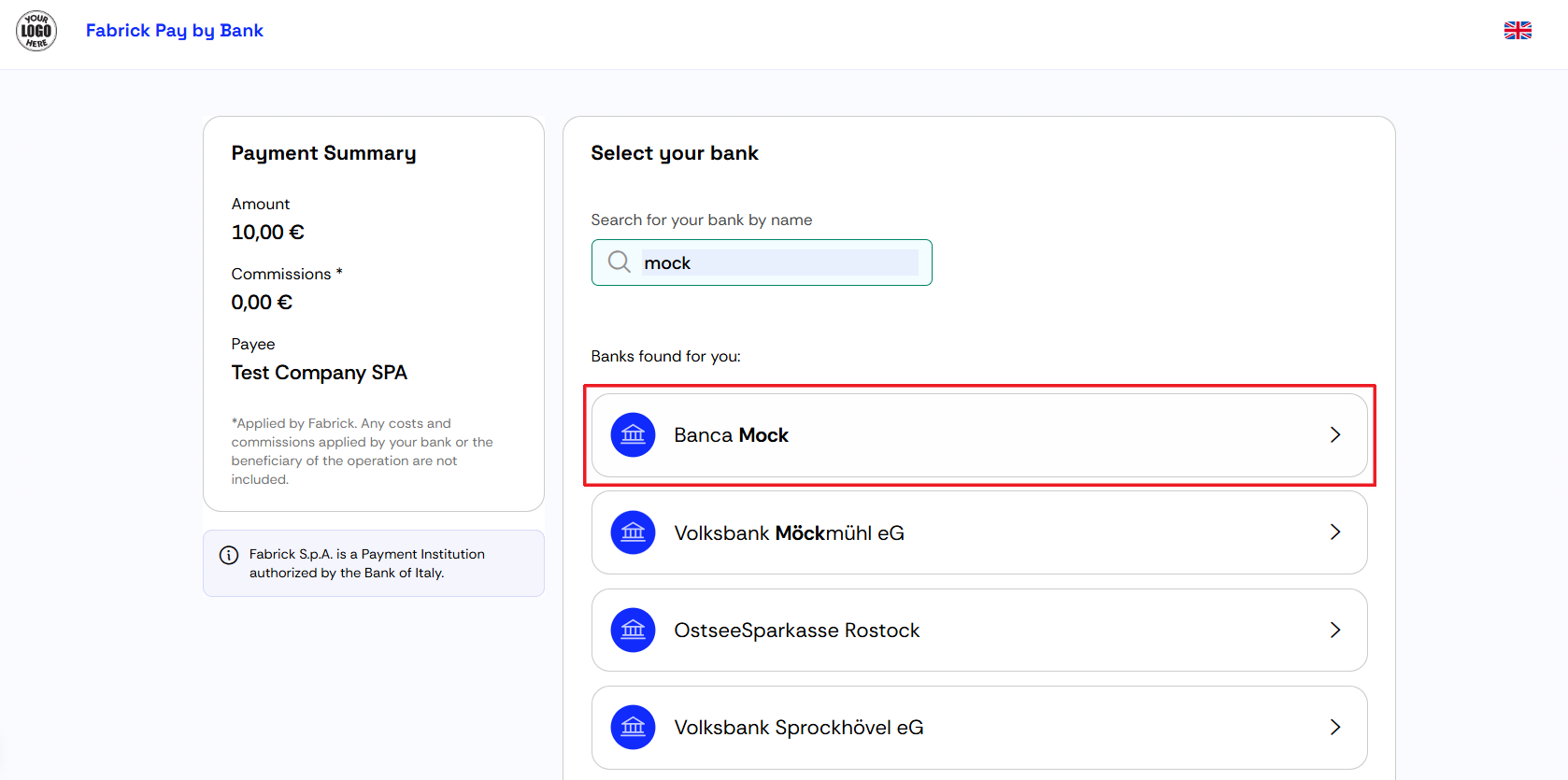 Selecting the Mock bank in the test environment
