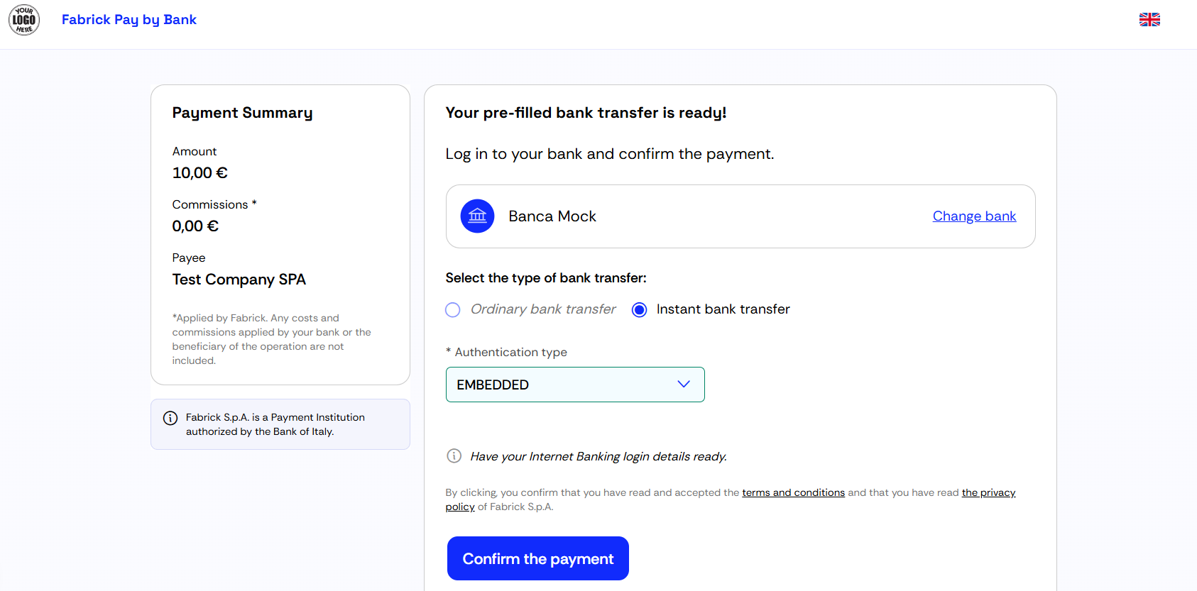 Confirming the payment with the Mock bank