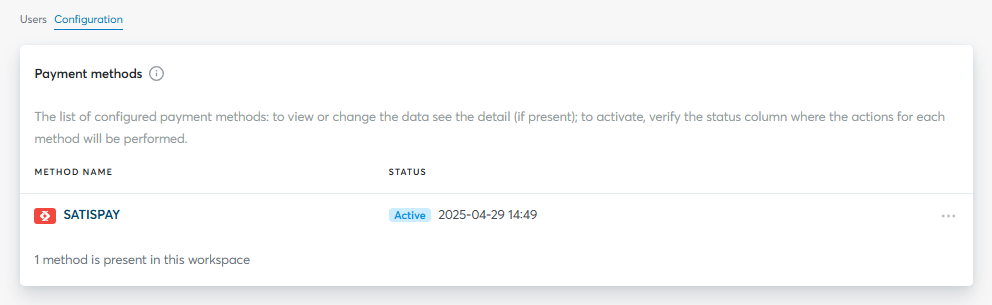 Satispay activation in the Dashboard